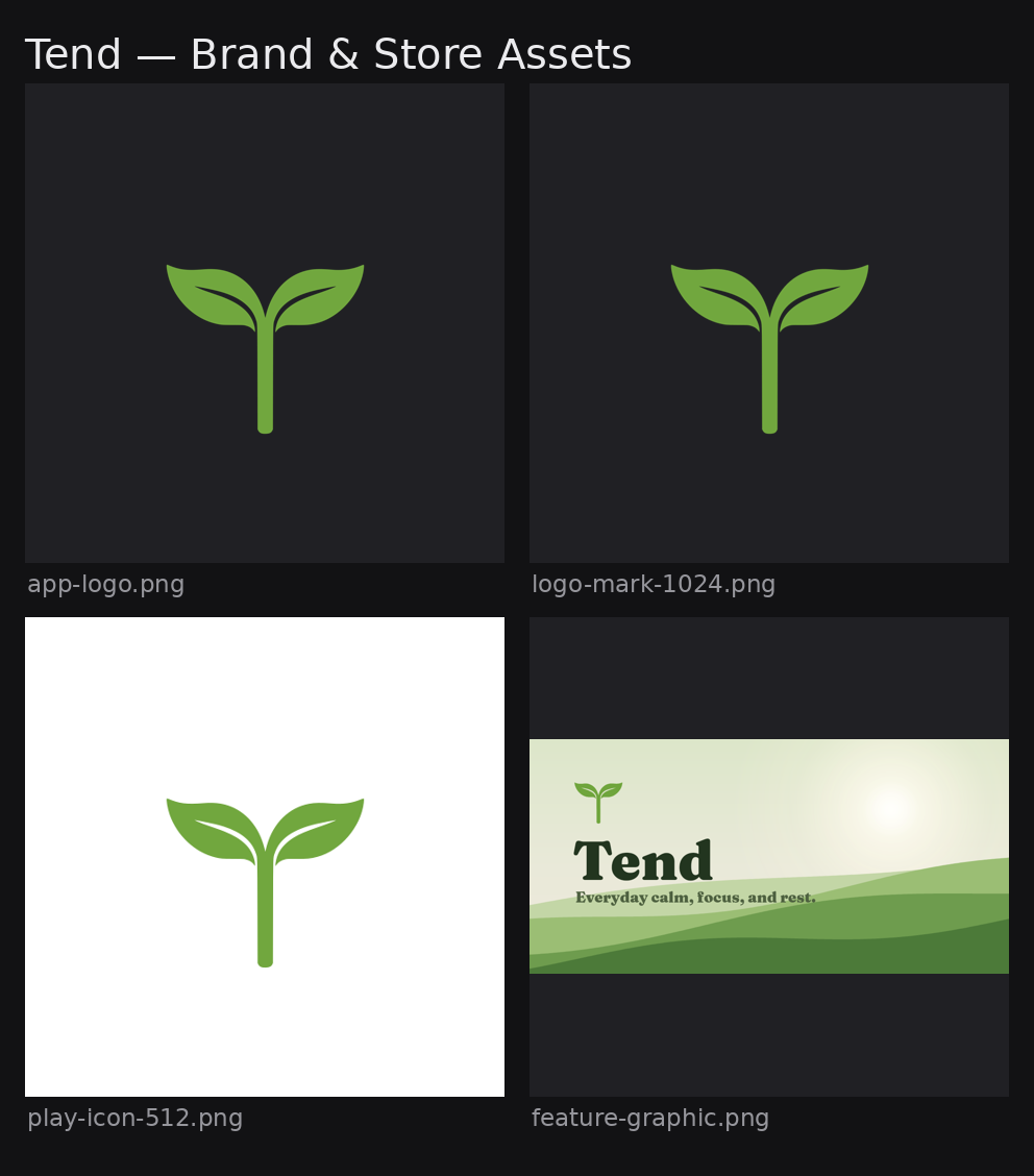 Tend brand reference sheet with the logo, colors, and product illustrations